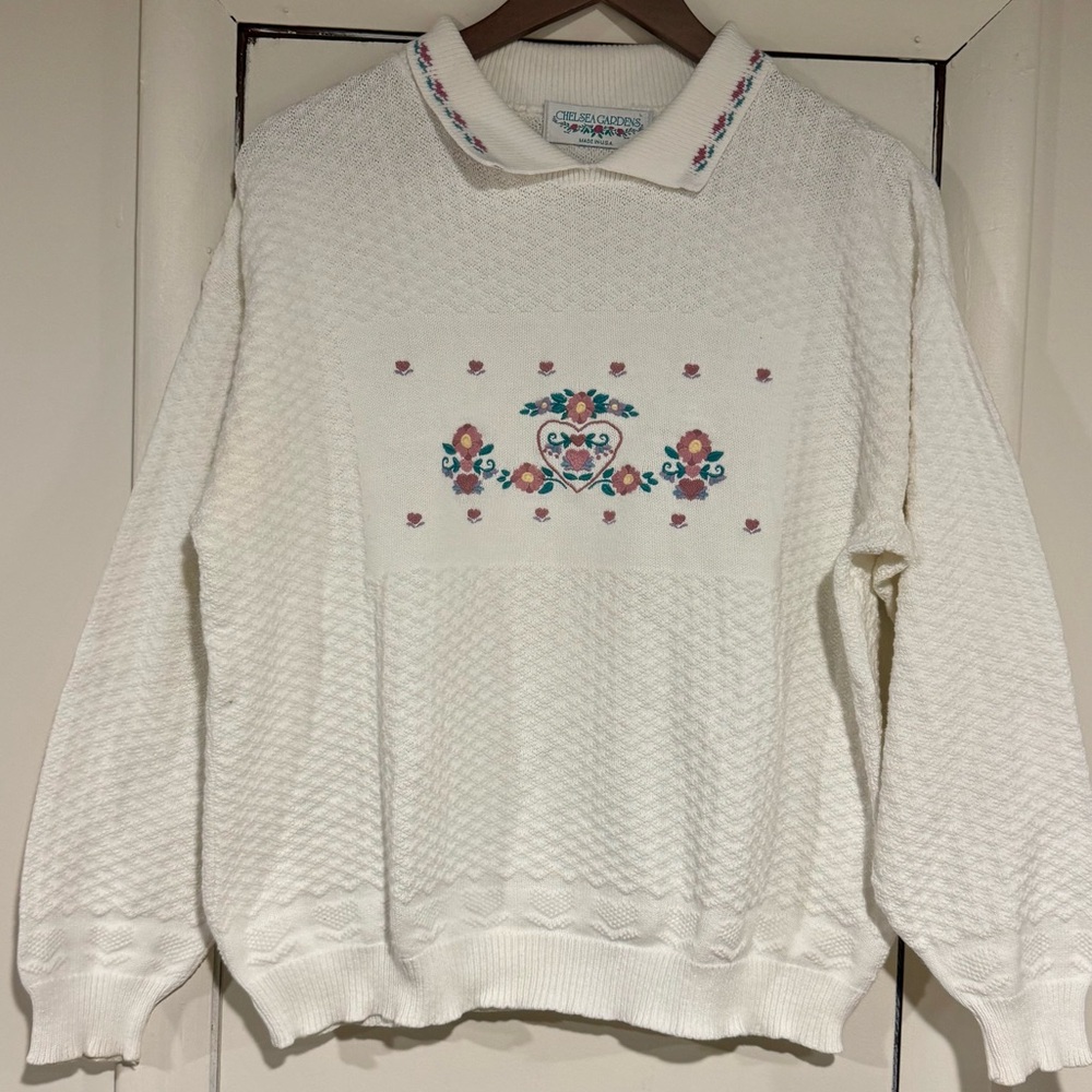 VTG Chelsea Gardens Sweater Cottagecore Floral Cotton Collared Size Large